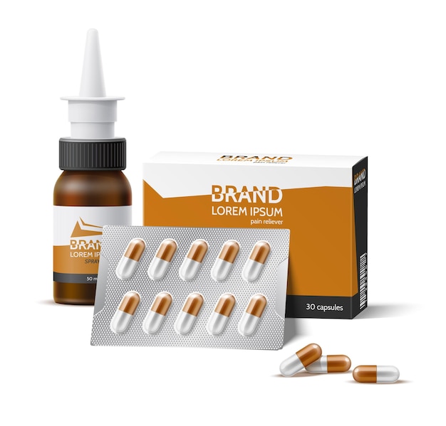 Realistic nasal spray and painkiller pills blisters