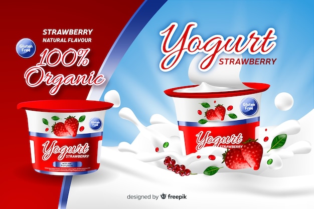 Vector realistic natural strawberry yogurt advertisement