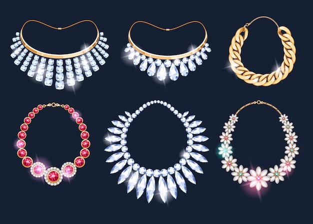 Vector realistic necklaces jewelry accessories icons set.