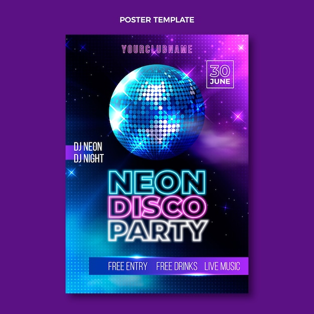 Realistic neon disco party poster template