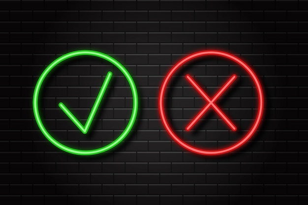  realistic  neon retro signs of tick and cross for decoration and covering on the wall background.