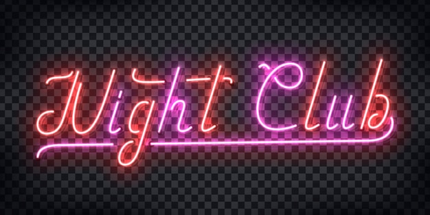 Vettore segno al neon realistico del logo di tipografia del night club per la decorazione e il layout del modello dell'invito alla festa sullo sfondo trasparente. concetto di discoteca e vita notturna.