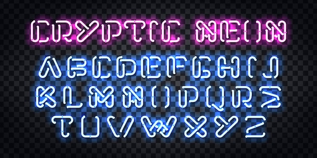 Реалистичная неоновая вывеска шрифта алфавита cryptic neon для оформления шаблона и покрытия приглашения на прозрачном фоне.