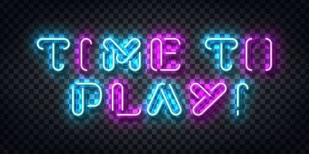 Insegna al neon realistica del logo di tipografia time to play per la decorazione del modello e la copertura sullo sfondo trasparente. concetto di gioco.