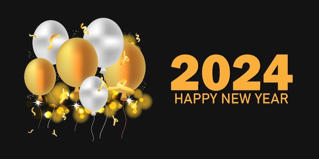 Realistic new year 2024 background with Gold and silver 3d balloons with confetti