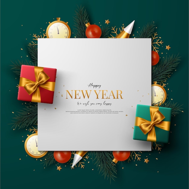 Realistic new year greeting card with christmas decorations and white paper