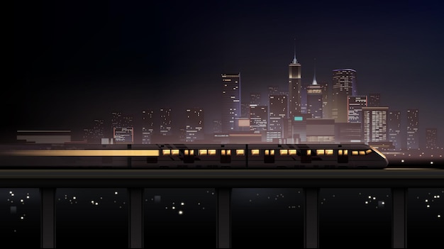 Realistic night city scape with skyscrapers and moving train in front