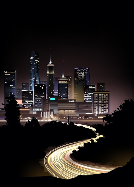 Vector realistic night city scape with skyscrapers and road with lights from cars' motion