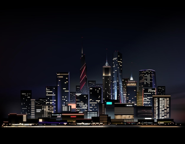 Vector realistic night city scape with skyscrapers