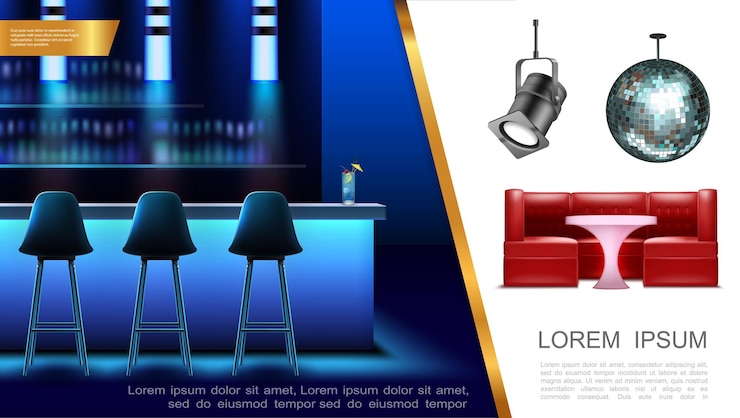 Vector realistic night party concept with bar counter and chairs spotlight sofa table sparkling disco ball