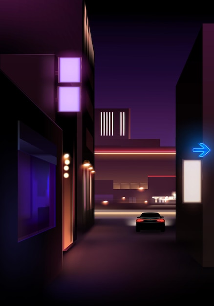 Vector realistic night street view with lights and car