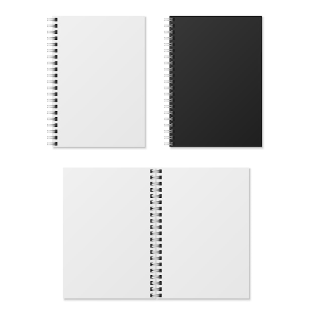 Realistic notebook. blank open and closed spiral binder notebooks. paper organizer and diary template isolated