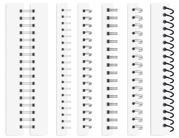 Realistic notebook spirals, calendar metal spiral binders. binding coils for paper sheets, steel binder rings, wire bindings vector set