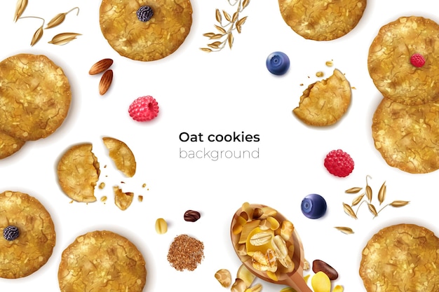 Vector realistic oat cookies frame background with editable text and isolated seeds biscuits and berries