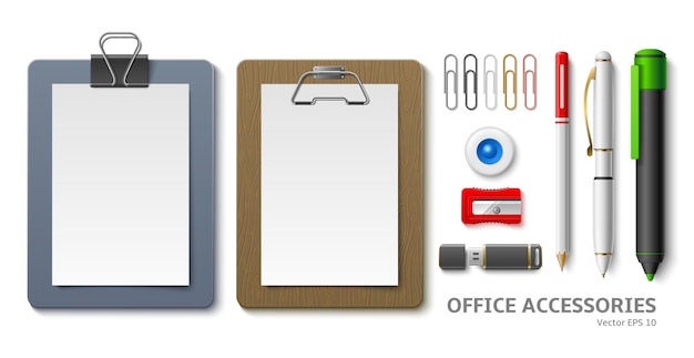 Vector realistic office clipboards paper white sheets holders different page mounts 3d office supplies pen pencil and marker colorful paper clips rubber band and sharpener utter vector set