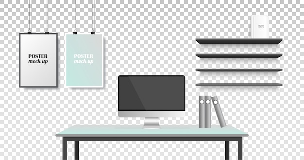 Vector realistic office creative space. workspace, and frame on the wall.