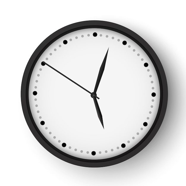 Realistic office wall clock. Black round watch face. Vector alarm modern vector timer.