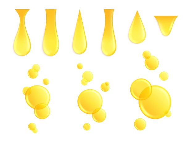 Vector realistic oil drops. dripping drop, honey yellow drip. isolated keratin or protein, fluid golden bubble. cosmetic droplet vector set. illustration oil yellow drip, drop liquid gold, droplet golden