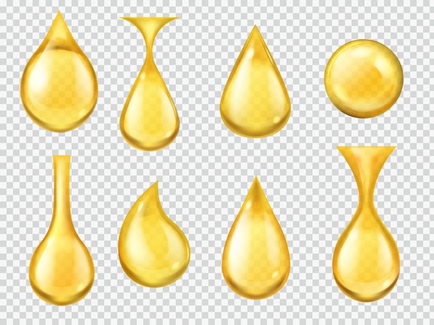 Realistic oil drops. Falling honey drop, gasoline yellow droplet. Gold capsule of liquid vitamin, dripping machine oil  