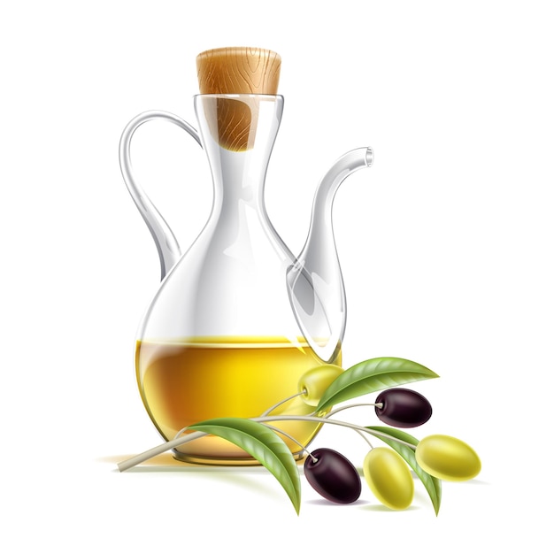 Realistic oil jug with olive branch. premium virgin olive oil in glass bottle.