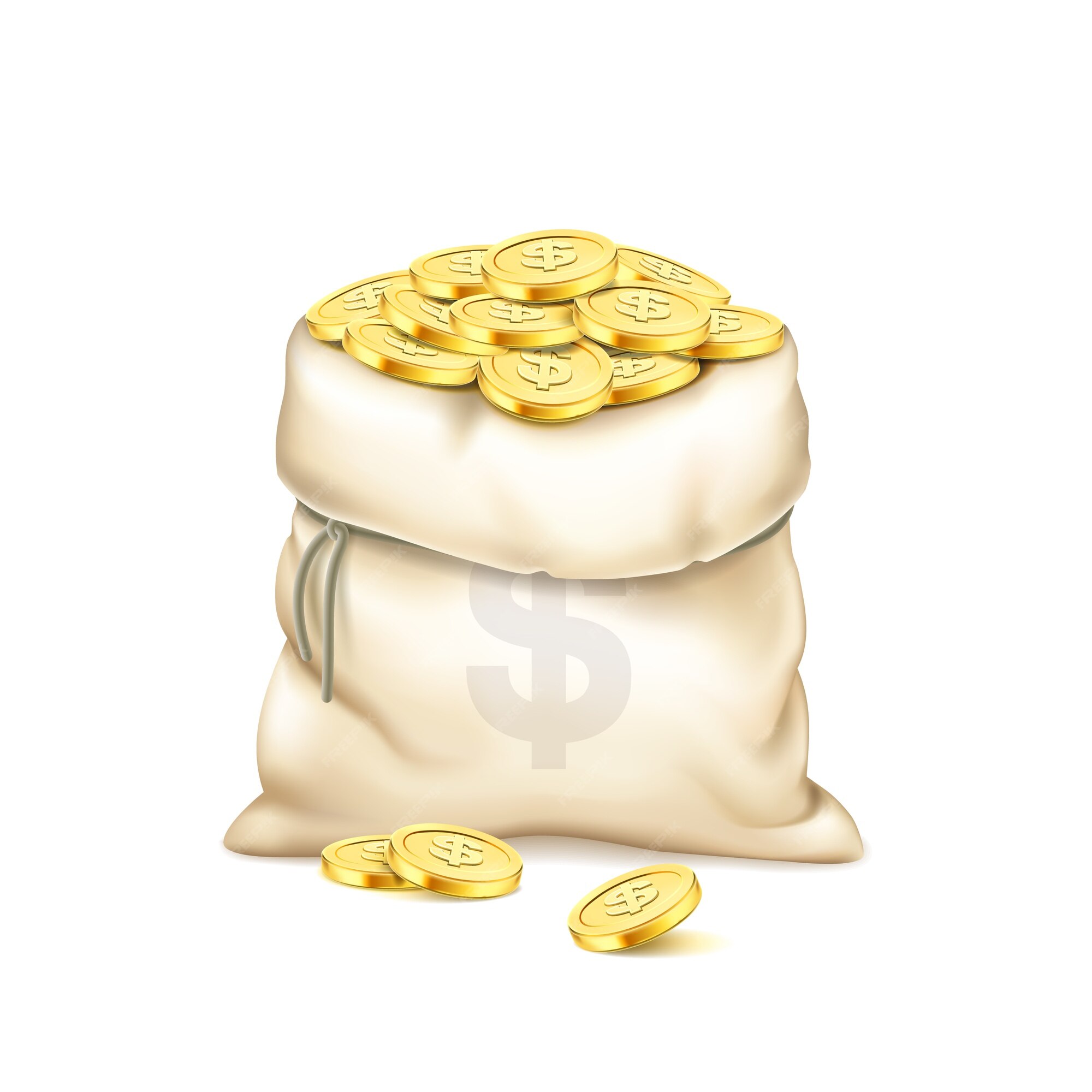 Free Vector  Full sack of cash money corded with rope and heaps of gold  coins banking concept realistic icon of moneybag with dollar currency sign  isolated on white transparent background vector