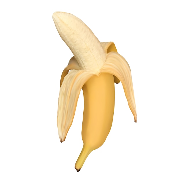 Realistic open banana  on white background. Half peeled banana,  illustration