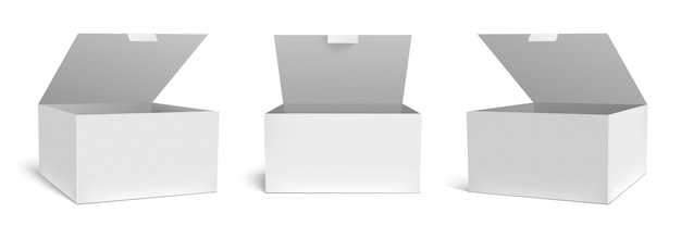 현실적인 열기 상자. 흰색 포장 선물 상자, 열린 패키지 및 빈 사각형 패키지 템플릿 세트. 정연한 판지 소포 콘테이너, 의학 상자 마분지 Cliparts 수집