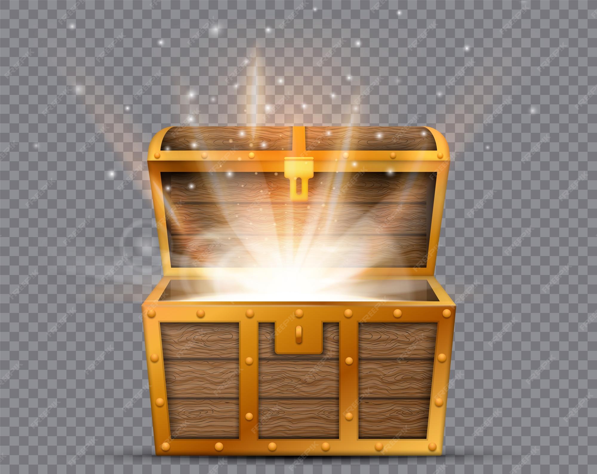 Premium Vector  Realistic open chest vintage old treasure wooden box with  golden glowing inside vector illustration