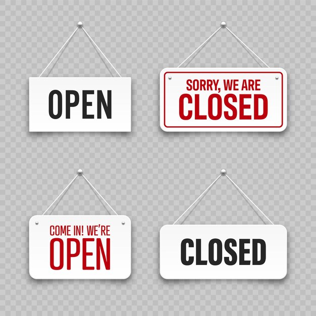 Realistic open or closed hanging signboards vintage door sign for cafe restaurant bar or retail store announcement banner information signage for business or service vector illustration