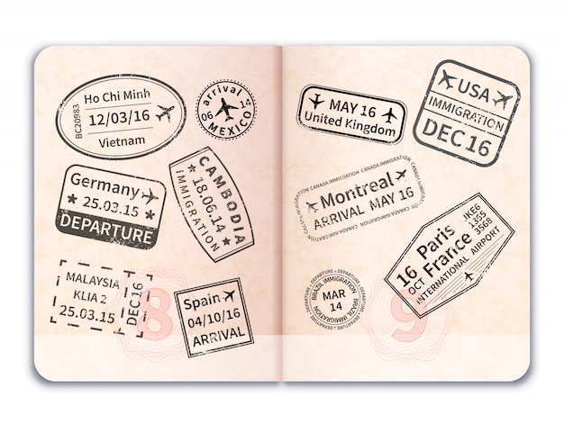 Realistic open foreign passport with black immigration stamps on white