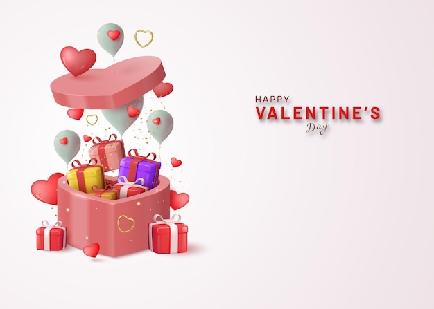 Реалистичная открытая подарочная коробка в форме сердца с сердечками и воздушными шарами. день святого валентина.