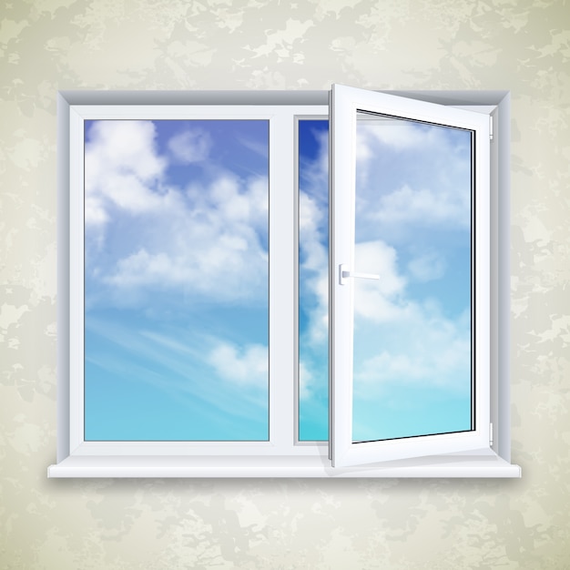 Vector realistic open square window on the background of wallpaper and sky