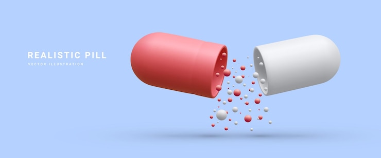 Vector realistic opened capsule pill with falling balls medical pills icon for hospital or pharmacies
