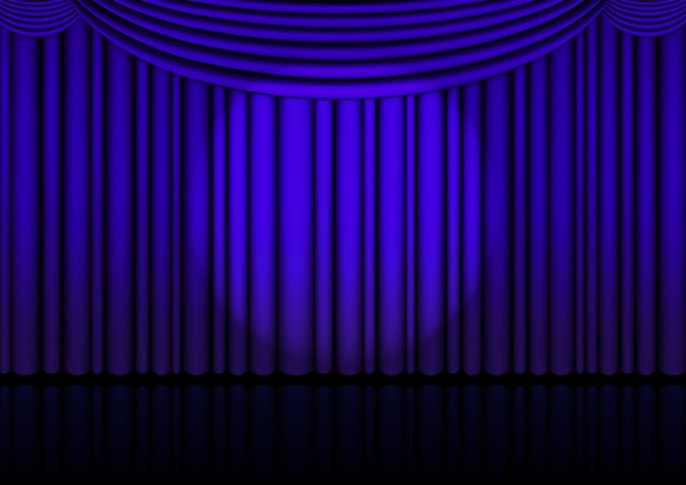 Realistic Opera stage indoor with a blue curtain and Spotlight.