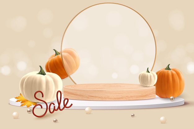 Реалистичная оранжево-белая тыква с сусальным золотом возле подиума happy tanksgiving sale background