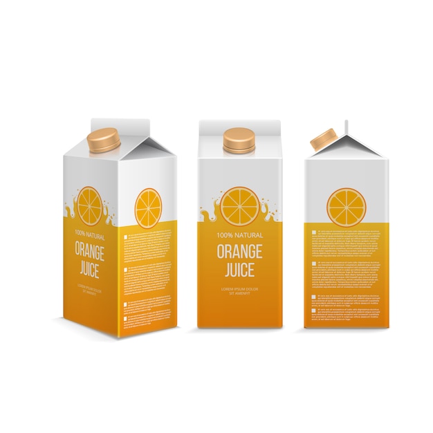 Scatola realistica di succo d'arancia in diverse proiezioni. scatola con il pacchetto del succo isolato nel vettore bianco dell'illustrazione
