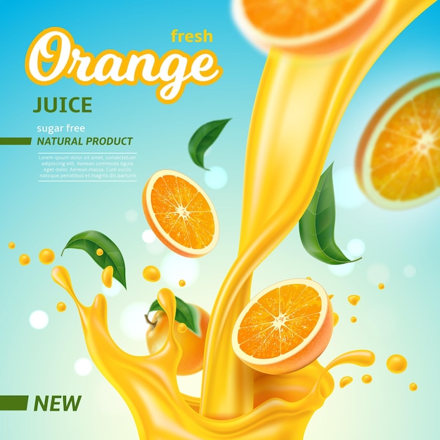 Realistic orange juice. Refreshing tropical fruit drink. Splash with jet and flying drops. Pouring natural fresh beverage. Ripe citrus slices and leaves. Vitamin C product. Vector advertising poster