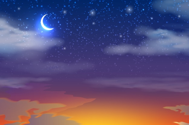 Vector realistic orange sunset on dark blue sky with moon, stars and clouds