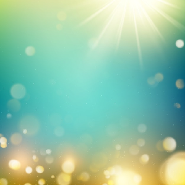 Vector realistic outdoors bokeh in green and yellow tones with sun rays.