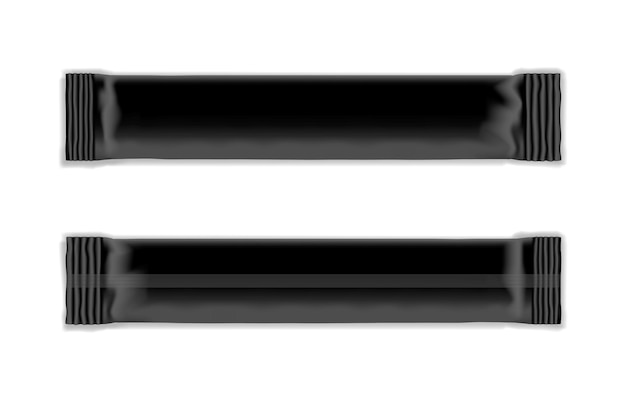 Реалистичная упаковка черной сахарной палочки на белом фоне вид спереди и сзади векторная иллюстрацияxa