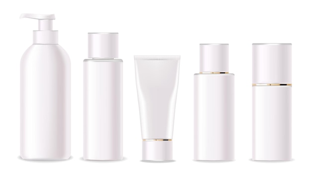 Vector realistic package for body cosmetics set white plastic bottle collection