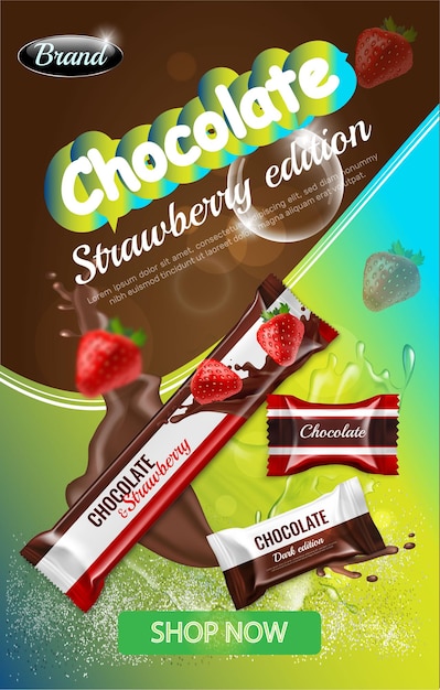 Realistic packaged chocolate candies and biscuits with delicious milk strawberries