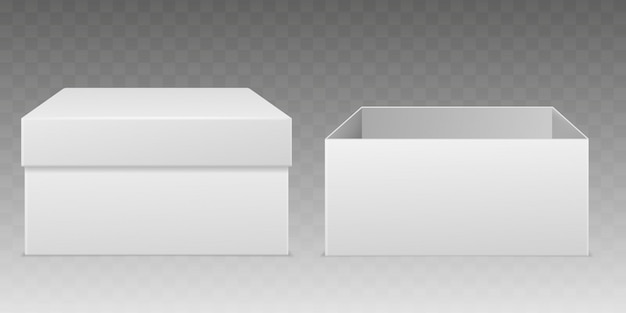 Реалистичные упаковочные коробки. пустая белая коробка, потребительская картонная упаковка, бумажная упаковка, открытый закрытый картонный контейнер