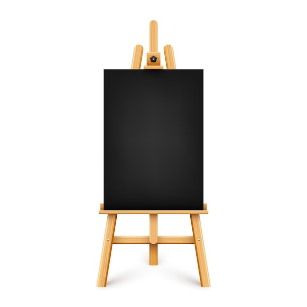 Vector realistic paint desk with blank black canvas wooden easel and a sheet of drawing paper presentation