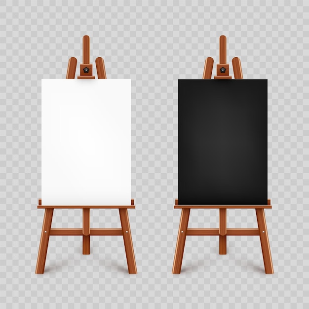 Vector realistic paint desk with blank black and white canvas wooden easel and a sheet of drawing paper