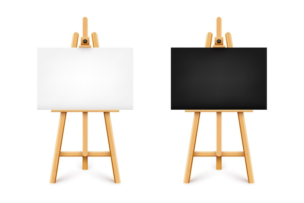 Vector realistic paint desk with blank black and white canvas wooden easel and a sheet of drawing paper