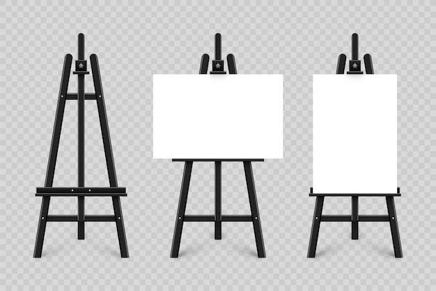 Vector realistic paint desk with blank white canvas black wooden easel and a sheet of drawing paper