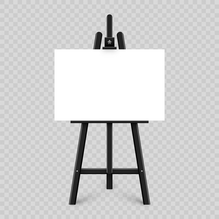 Vector realistic paint desk with blank white canvas black wooden easel and a sheet of drawing paper
