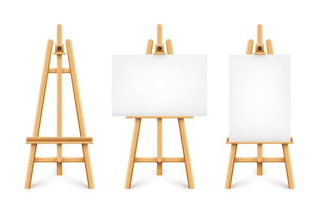 Realistic paint desk with blank white canvas wooden easel and a sheet of drawing paper presentation