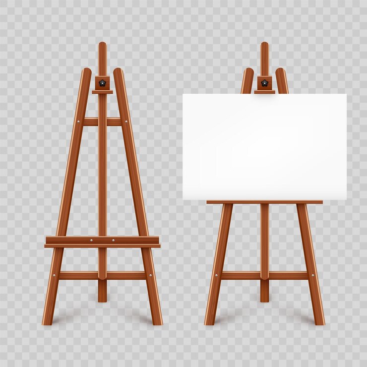 Vector realistic paint desk with blank white canvas wooden easel and a sheet of drawing paper presentation